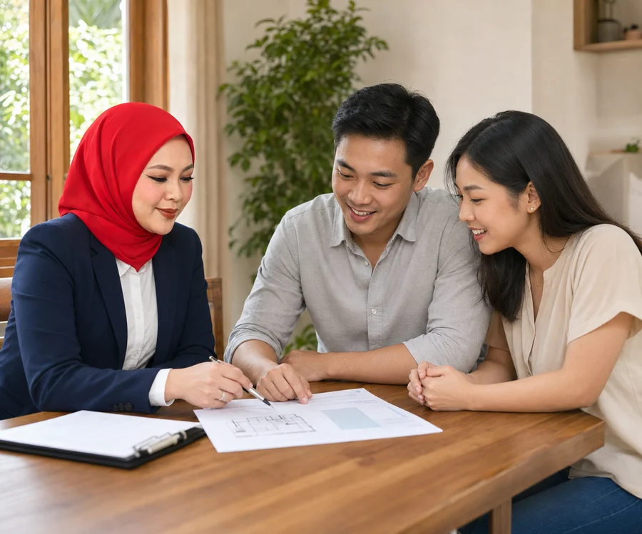 Illustrative photograph of Diana discussing property plans with a couple