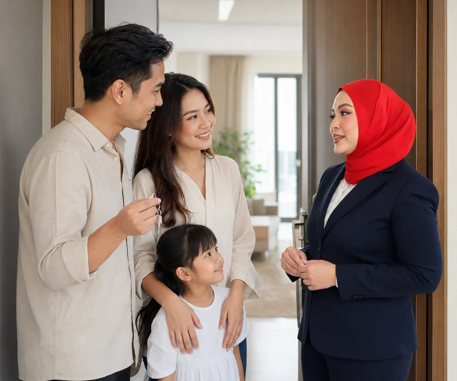 Illustrative photograph of Diana with a family at an apartment entrance