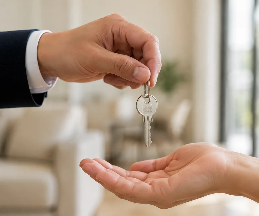 Illustrative close-up photograph of a house key being handed over